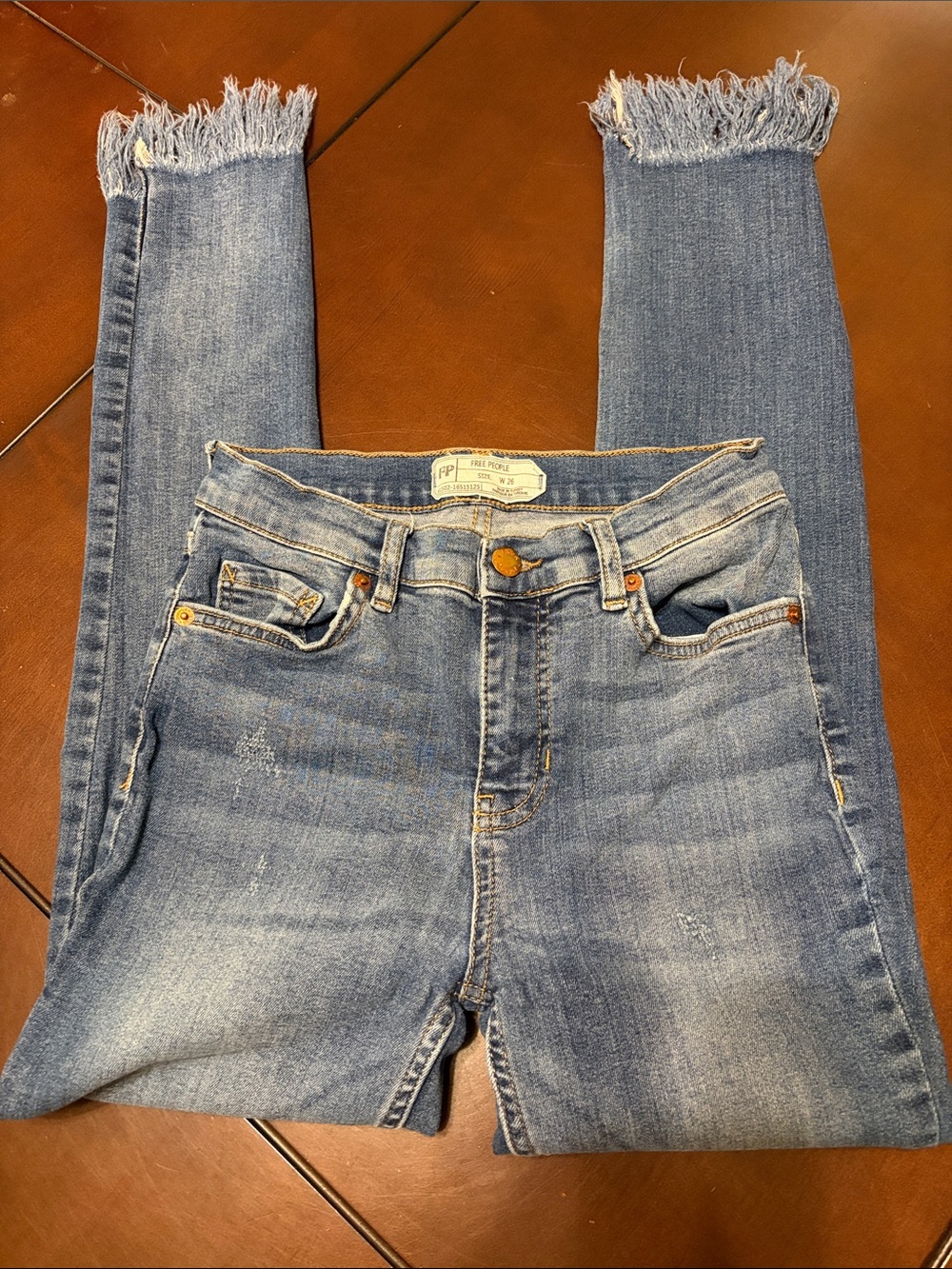 Free People Medium Blue Frayed Hem Ankle Skinny Jeans
